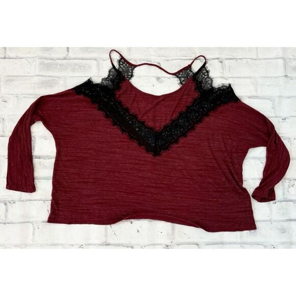 Pins & Needles Cold Shoulder Mixed Media Burgundy Lace Top Womens Medium - Picture 8 of 11
